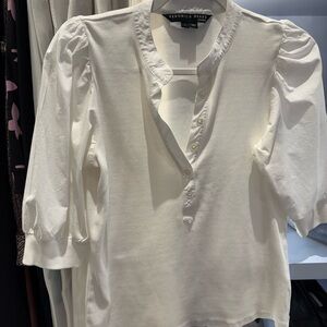 Veronica Beard Cream Blouse with Ruffled Mandarin Collar